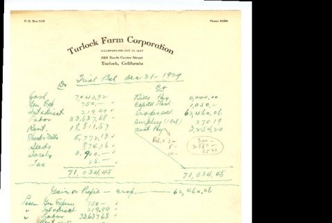 Turlock Farm Corporation budget record (ddr-csujad-46-38)