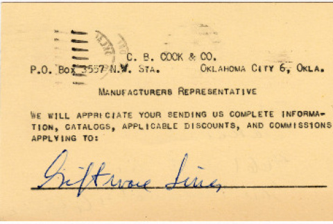 Card from C.B. Cook & Co. to Takahashi (ddr-densho-424-92)