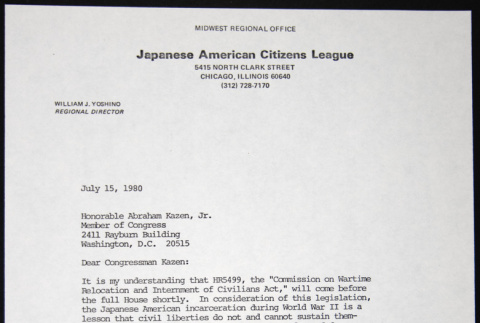 Letter to Abraham Kazen Jr. from William Yoshino (ddr-chijacl-1-311)