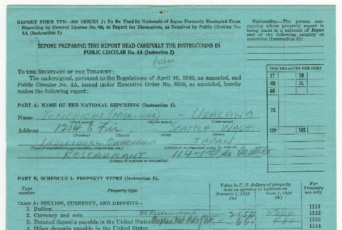 Report of Assets to Secretary of Treasury for Tomehichi and Misa Urakawa (ddr-densho-474-79)