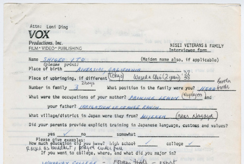 Shigeo Ito interviewee form (ddr-densho-1007-957)