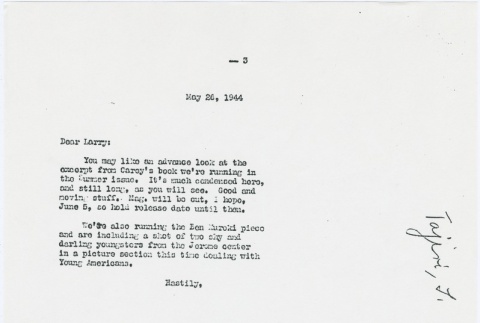 Letter to Larry Tajiri from Margaret Anderson, editor of Common Ground (ddr-densho-338-452)