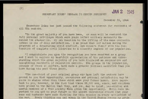 Message from Harold L. Ickes, Secretary of the Interior, to center residents, December 29, 1944 (ddr-csujad-55-1681)