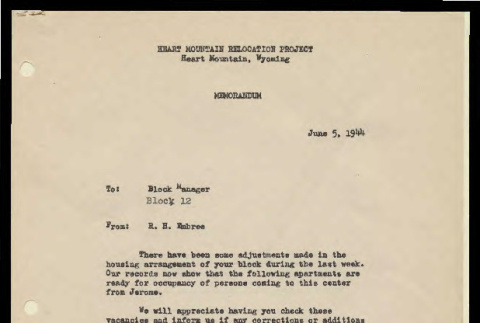 Memo from R.H. Embree, Housing Supt., Heart Mountain Relocation Project, to Block Manager Block 12, June 5, 1944 (ddr-csujad-55-736)
