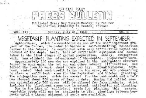 Poston Official Daily Press Bulletin Vol. III No. 8 (July 31, 1942) (ddr-densho-145-69)