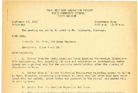 Heart Mountain Relocation Project Fifth Community Council, 9th session (September 12, 1945) (ddr-csujad-45-60)