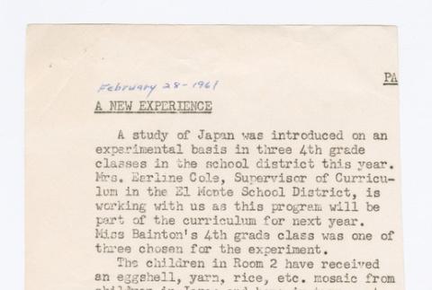 School Newsletter Clipping: A new experience (ddr-densho-562-67)