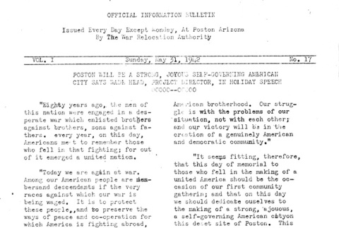 Poston Information Bulletin Vol. I No. 17 (May 31, 1942) (ddr-densho-145-17)