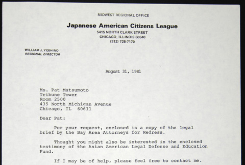Letter to Pat Matsumoto from William Yoshino (ddr-chijacl-1-582)