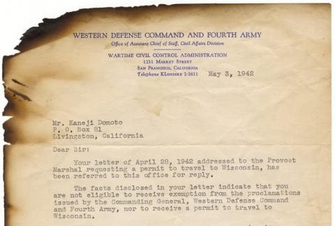 Letter from Captain Herman P. Goebel, Jr. of the Western Defense Command and Fourth Army, Wartime Civil Control Administration to Kaneji Domoto (ddr-densho-329-548)