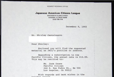 Letter to Shirley Castelnuovo from William Yoshino (ddr-chijacl-1-772)