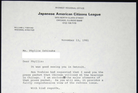 Letter to Phyllis Ishisaka from William Yoshino (ddr-chijacl-1-523)