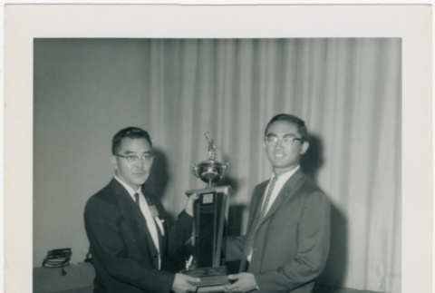 Roy Nishikawa and Todd Endo with first place trophy (ddr-densho-379-438)