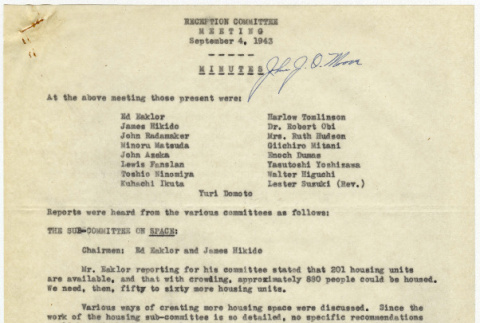 Reception Committee Meeting Minutes from September 4, 1943 (ddr-densho-356-855)