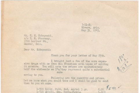 Letter sent to T.K. Pharmacy from Gila River concentration camp (ddr-densho-319-288)