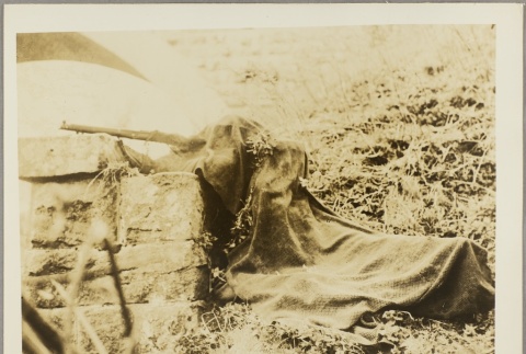 A soldier aiming a rifle underneath a camouflage net (ddr-njpa-13-1479)
