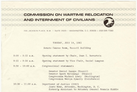 Commission on Wartime Reloction and Internment of Civilians Public Hearing Ageneda (ddr-densho-352-39)