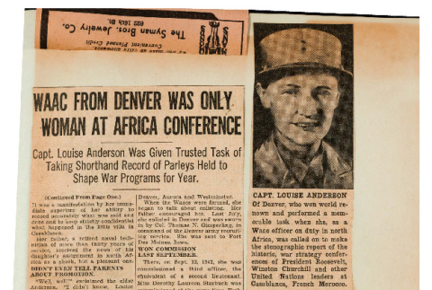 WAAC from Denver was only woman at African conference; Captain Louise Anderson; Made the record at Casablanca (ddr-csujad-49-24)