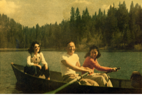 Campers in a row boat on Lake Sequoia (ddr-densho-336-52)