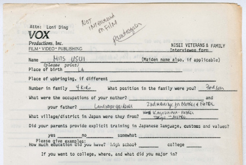 Mits Usui interviewee form (ddr-densho-1007-1137)