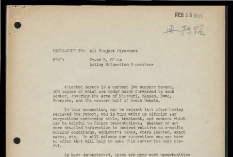 Memo from Frank E. Gibbs, Acting Relocation Supervisor, to all Project Directors, January 31, 1944 (ddr-csujad-55-806)