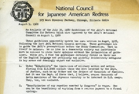 An Analysis of the July 30, 1980 Guidelines of the JACL's National Committee for Redress (ddr-densho-274-155)