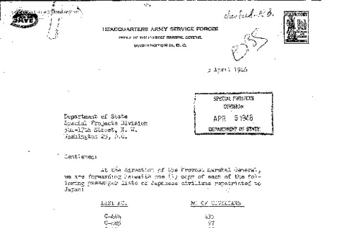 List of incarcerees to be repatriated from Fort Lincoln, with letter from H.M. Boman, Director, Enemy Prisoner of War Information Bureau to Department of State Special Projects Division (ddr-densho-564-4)