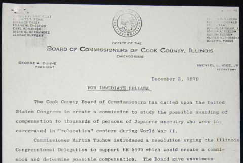 Press Release from Cook County Board of Commissioners in support of HR5499 (ddr-chijacl-1-143)