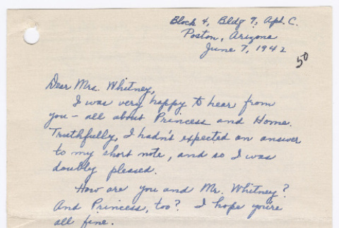 [ Letter to Mrs. Whitney from Louise Fukuda, June 7, 1942 ] (ddr-janm-22-10)
