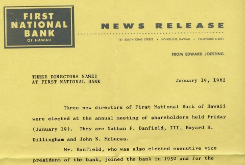 News release from First National Bank of Hawaii (ddr-njpa-2-48)