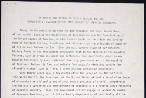 An Appeal for Action to Obtain Redress for the World War II Evacuation and Imprisonment of Japanese Americans (ddr-chijacl-1-13)