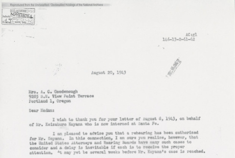 Letter from Edward J. Ennis, Director, Enemy Alien Control Unit, in response to Mrs. A.C. Goodenough's letter dated August 8, 1943 (ddr-one-5-224)