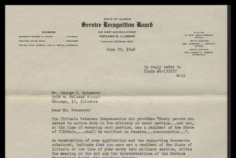 Letter from Chester L. Fordney, Deputy Director, Service Recognition Board, to Mr. George H. Nakamura, June 29, 1948 (ddr-csujad-55-2406)