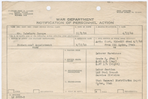 War Department Notification of Personnel Action (ddr-densho-365-6)
