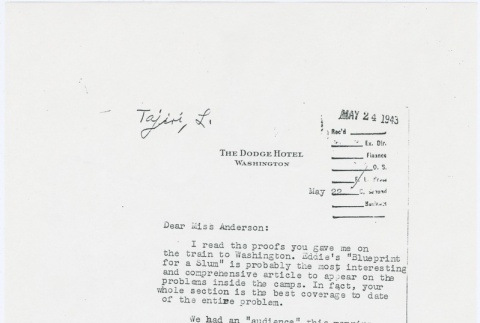 Letter from Larry Tajiri to Margaret Anderson, editor of Common Ground (ddr-densho-338-429)