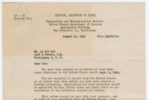 Letter from Stan Olson, Immigration and Naturalization Service, to Ai Chih Tsai (ddr-densho-446-165)