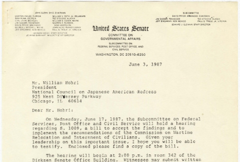 Letter from David Pryor to William Hohri with testimony of William Hohri on 6/17/1987 to the Senete subcommittee on S.1009 attached with photocopied newspaper clipping (ddr-densho-352-125)