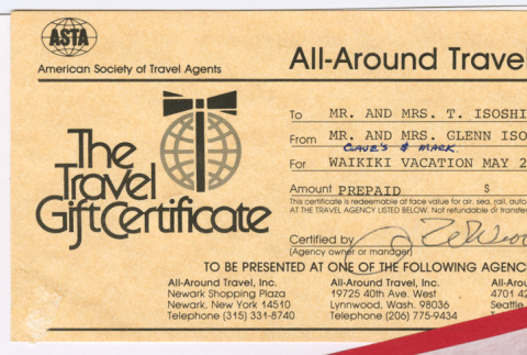 Travel Certificate for Takeo and Mitzi Isoshima (ddr-densho-477-584)