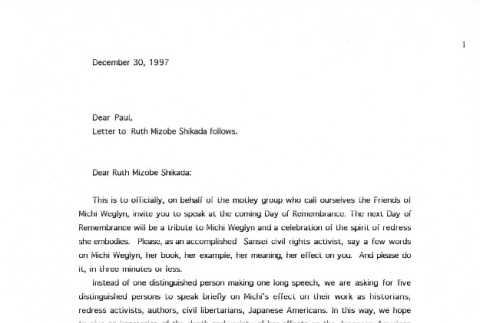 Letter from Paul Tsuneishi to Ruth Mizobe Shikada, December 30, 1997 (ddr-csujad-24-186)