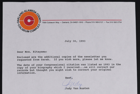 Letter from Judy Van Austen to Kimiko Kitayama (ddr-densho-433-429)