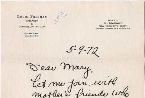 Note from Louis Feldman to Mary (Mon Toy) (ddr-densho-488-31)