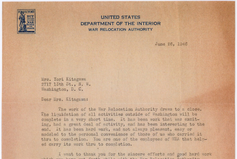 Letter to Yori Kitagawa from Malcolm Pitts thanking her for her work with the War Relocation Authority (ddr-densho-539-91)