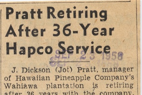 Photograph and short article regarding the retirement of Hawaiian Pineapple Co. manager (ddr-njpa-2-885)