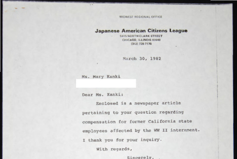 Letter to Mary Kanki from Bill Yoshino (ddr-chijacl-1-791)