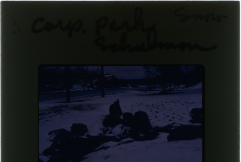 Rock sculpture in snow at the Schulman Corp. Park project (ddr-densho-377-993)