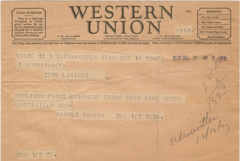 Telegram sent to T.K. Pharmacy (ddr-densho-319-175)