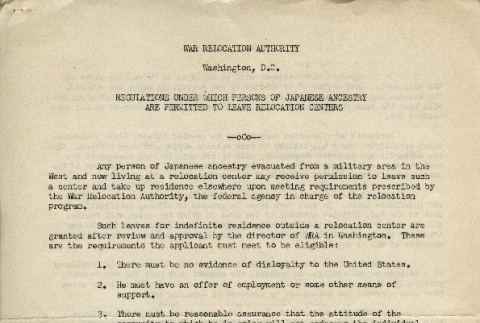 Regulations Under Which Persons of Japanese Ancestry are Permitted to Leave Relocation Centers (ddr-densho-171-211)