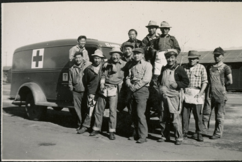 Manzanar, ambulance (and crew), barracks (ddr-densho-343-66)