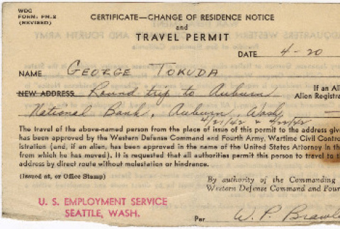 Travel permit for George Tokuda to travel to Auburn and back from Camp Harmony (ddr-densho-383-521)