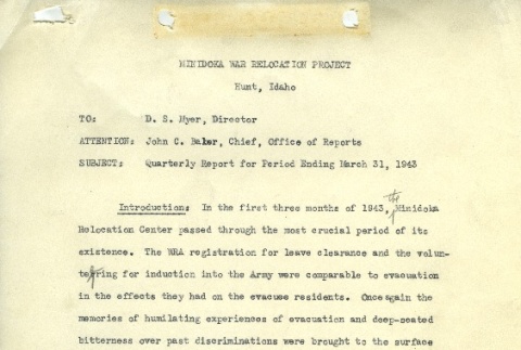 Draft of Quarterly Report for Period Ending March 31, 1943, Minidoka (ddr-densho-156-416)